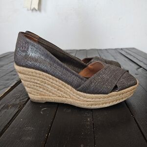 Tory Burch Shimmering Charcoal Grey Espadrille Wedges Peep Toe Heels Women's 7.5